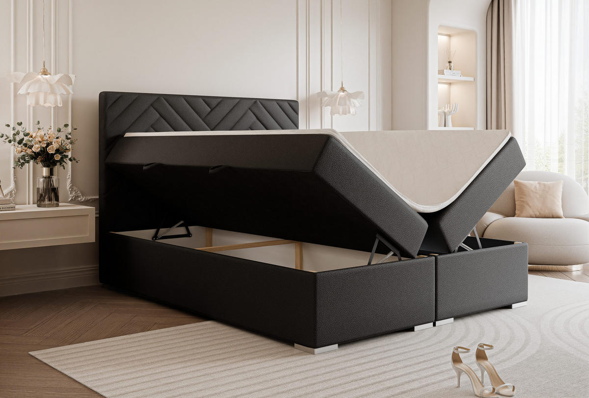 BOXBETT NEREA 180/200 cm mit Matratze und Topper, Schwarz - Schwarz, Textil (180/200cm) - Idohome