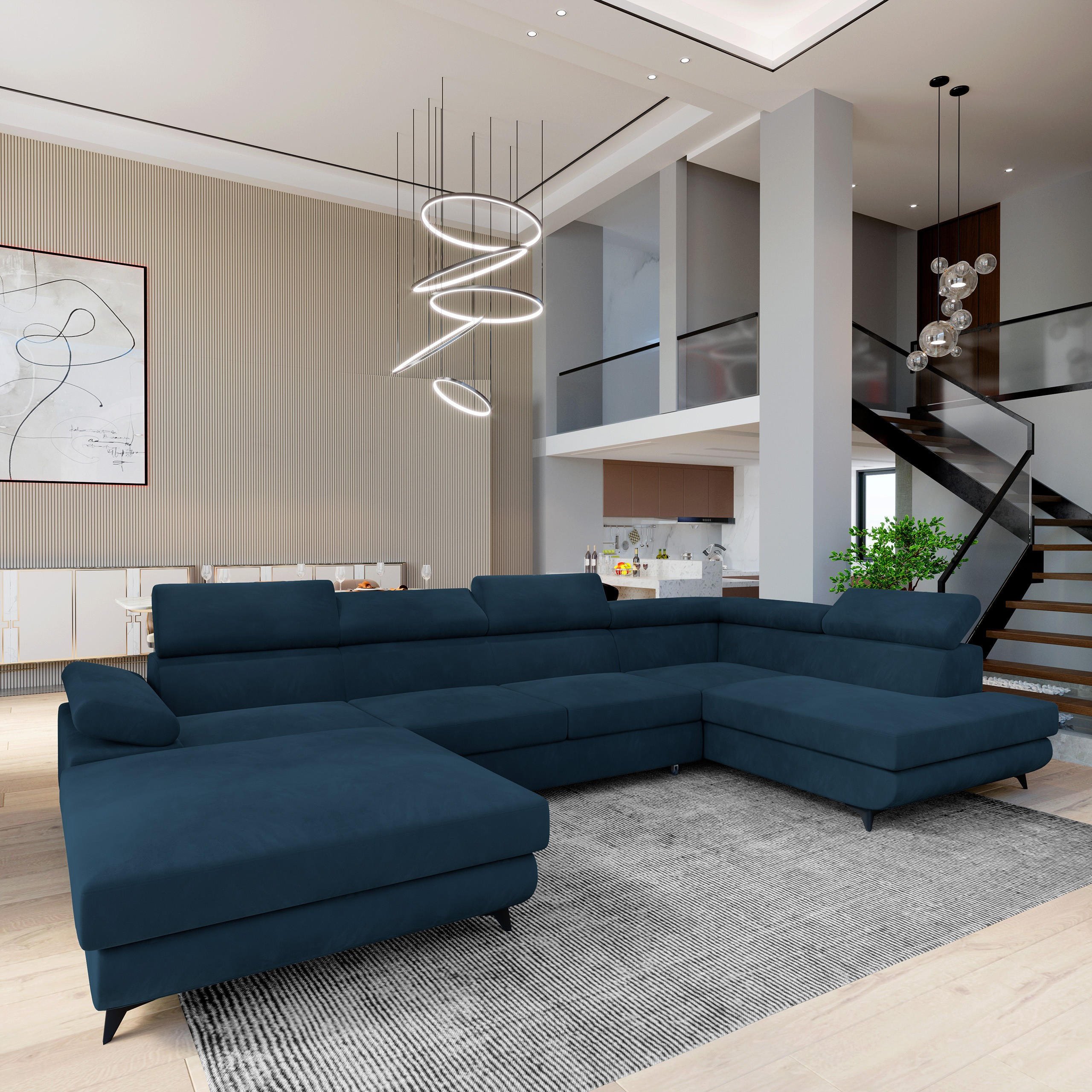 WOHNLANDSCHAFT RUBANO R-S Blau Velours-Stoff mit Schlaffunktion - Blau, Holz (339/89/190cm) - MASSENO