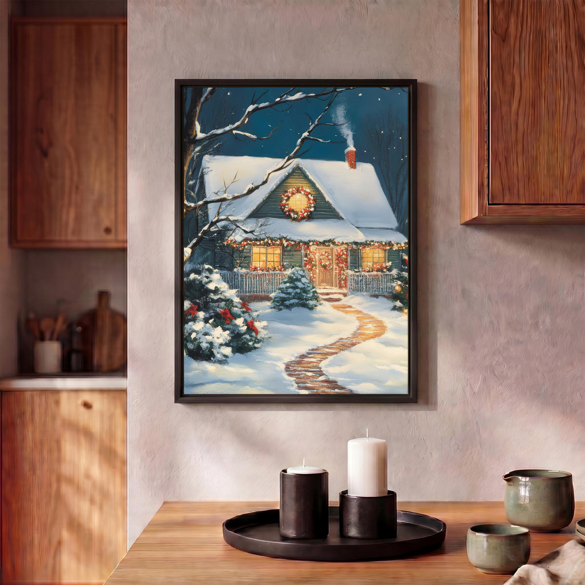 LEINWAND Bilder mit Rahmen - Weihnachten - Weihnachtsbaum - Winter - Zuhause - Schnee - 30x40 - Smaragdgrün, Textil (30/40cm) - MuchoWow
