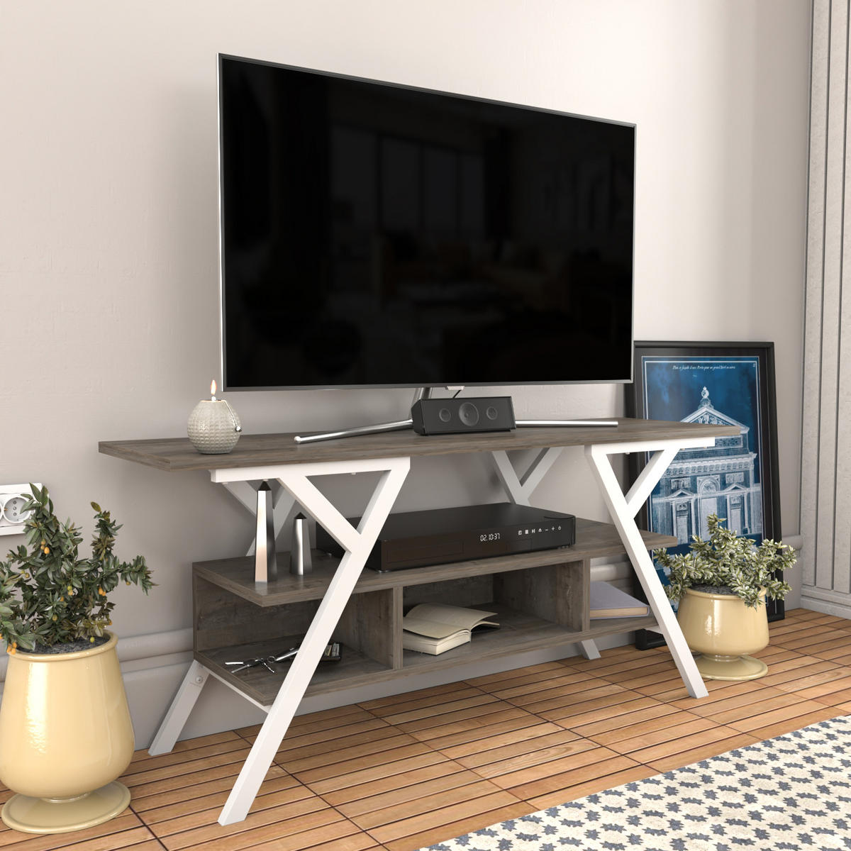 TV Stand Minerva Weiß Wenge - Alteiche, Holzwerkstoff (120/55/35cm) - Decorotika