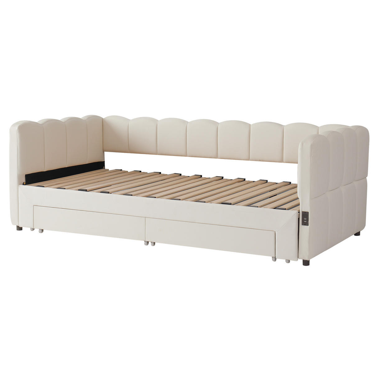 DNEVNI krevet od lanene tkanine 90x190 cm bež, izvlačiv na 180x190 cm s USB i Type-C priključcima te 2 ladice - bež, tekstil (90/190cm) - Modfu