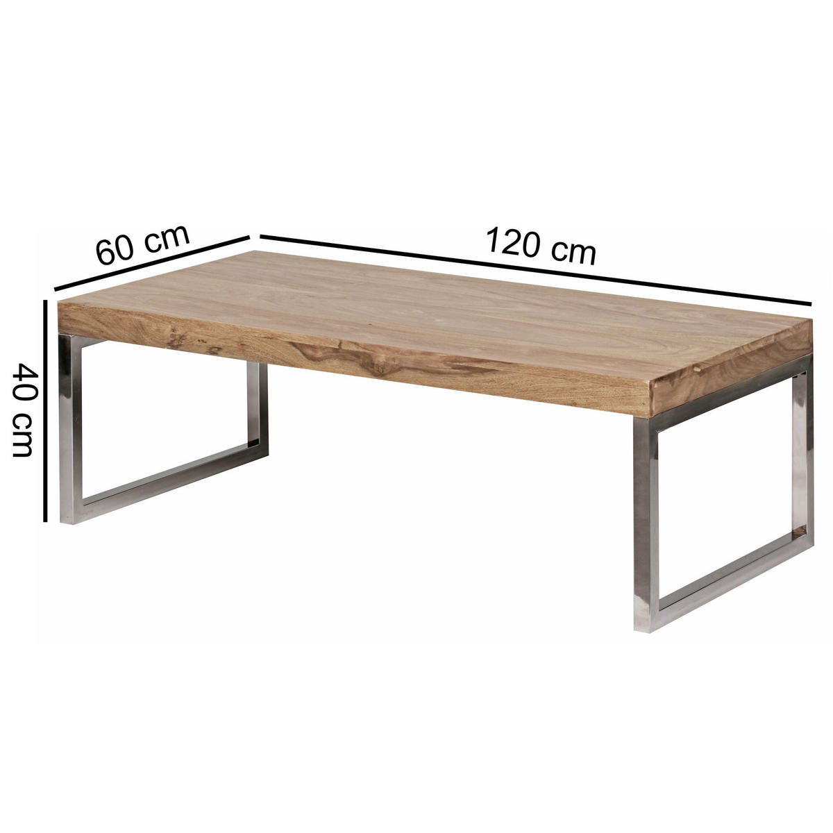 COUCHTISCH Massivholz mit Chromfüßen Handgefertigt, Beige 120x60x40 cm - Beige/Silberfarben, Holz/Metall (60/120/40cm) - KADIMA DESIGN