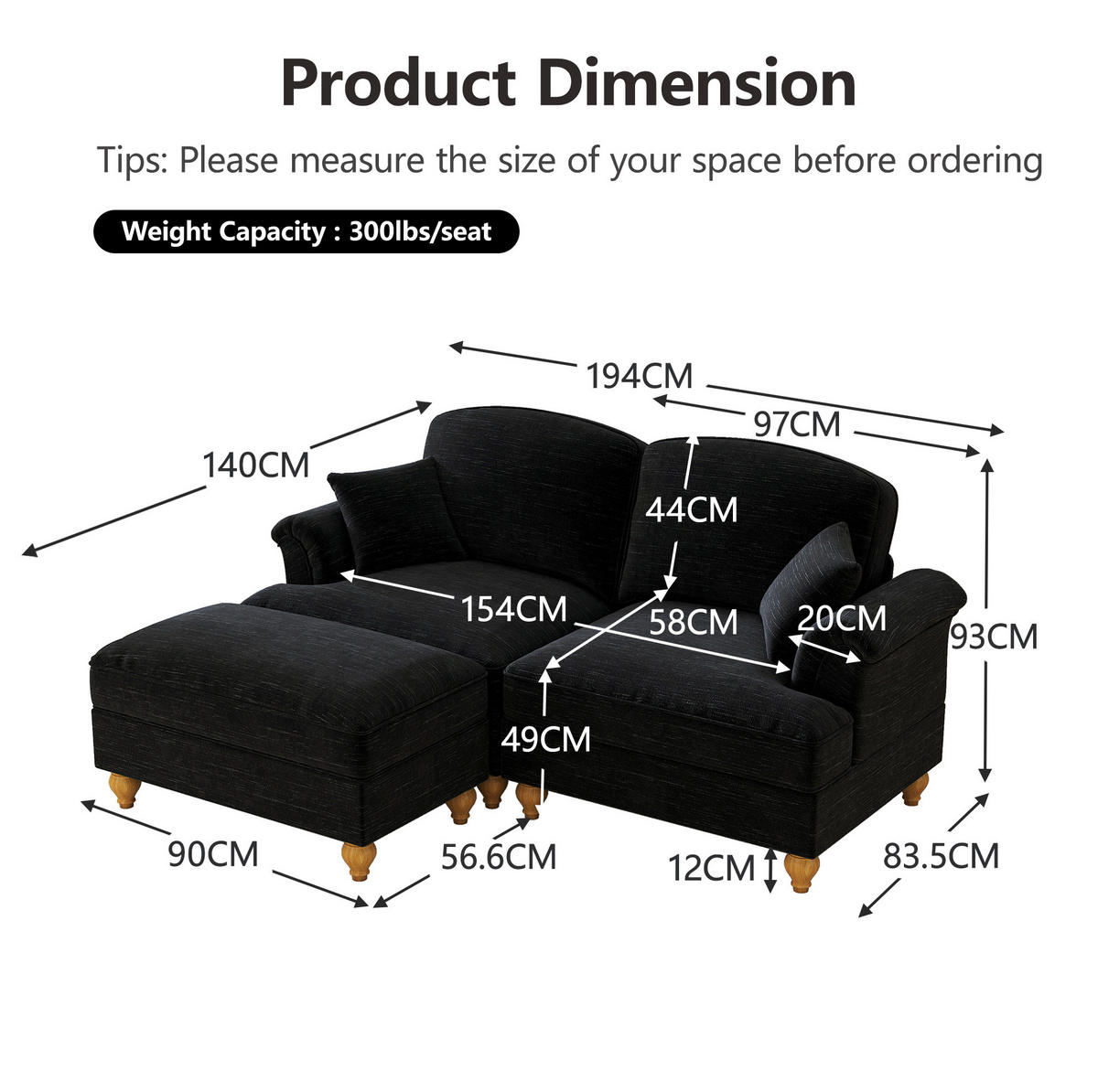 ECKSOFA 194/140/93 cm schwarz aus Chenille mit abnehmbarem Rüschenrock und beweglichem Hocker - Schwarz, Textil (140/194cm) - OKWISH