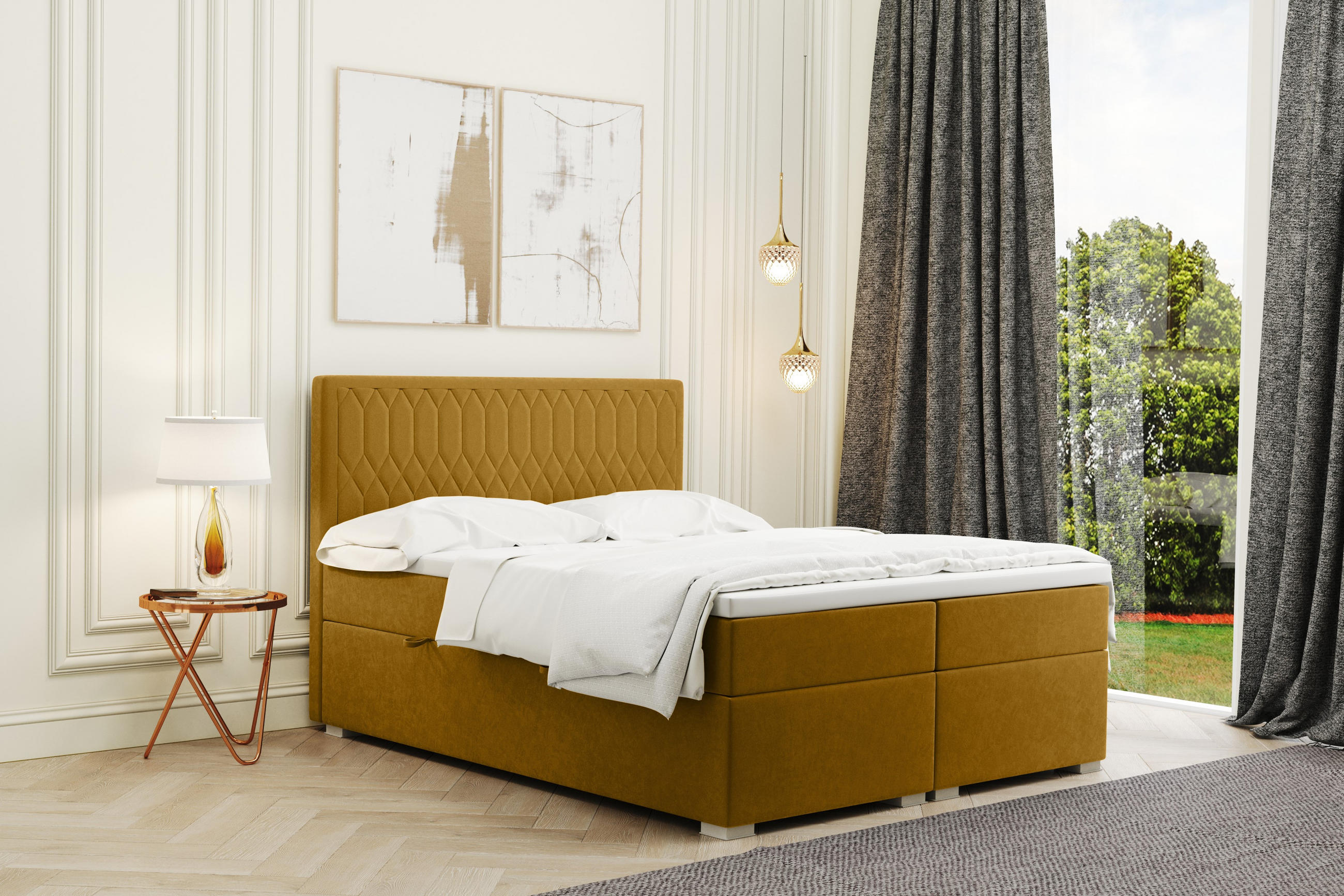 BOXBETT Mit Bettkasten Matratze Topper RIMINI Stoff Riviera Gelb 140x200 cm H2-Pocket - Gelb, Holz/Textil (140/200cm) - Kaiser Möbel