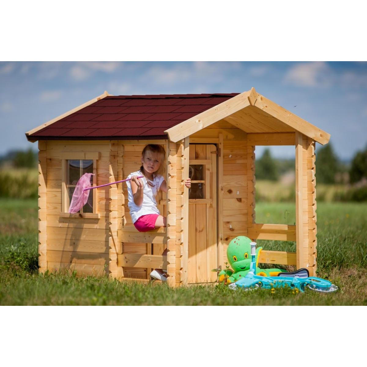 KINDERSPIELHAUS aus Holz - B146xL181xH145 cm/1,1m2 - M501A - Beige, Holz (146/145/182cm) - Timbela