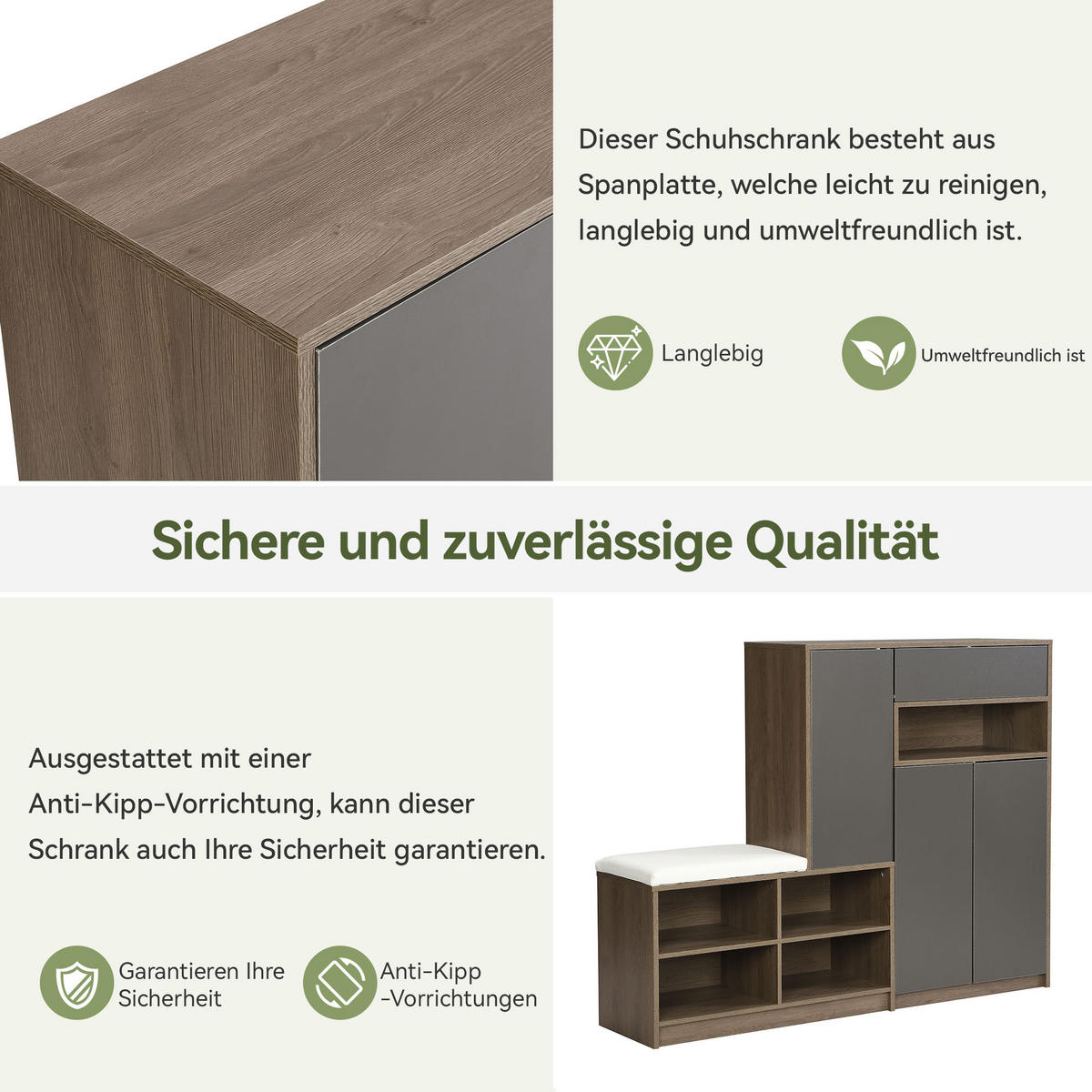 SCHUHSCHRANK Bank mit Sitz Grau 140x35x110cm - Grau, Holzwerkstoff (35/110/140cm) - FLIEKS