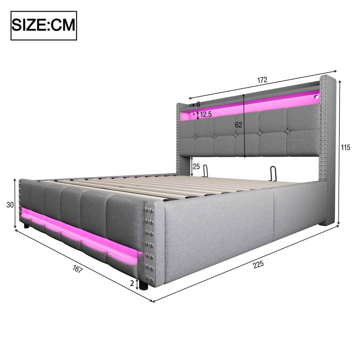 TAPECIRANI krevet 160/200 cm svijetlosivi od lana s LED rasvjetom, USB priključkom i spremištem - svijetlo siva, tekstil (160/200cm) - OKWISH