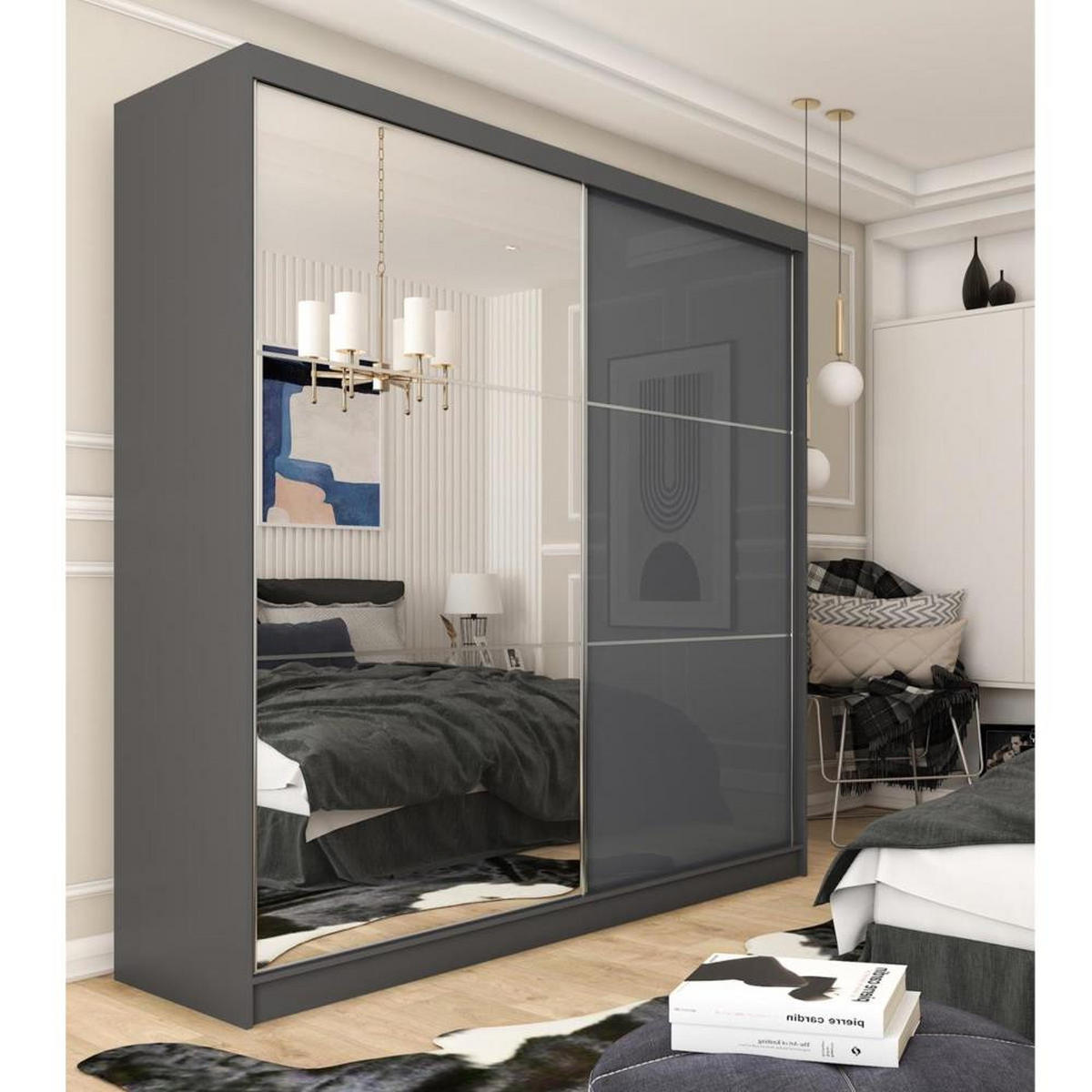 SCHWEBETÜRENSCHRANK Viva 200/216/61 graphit mit Spiegel und Schubladeneinsätze - Graphitfarben, Holzwerkstoff (200/216/61cm) - Beautysofa
