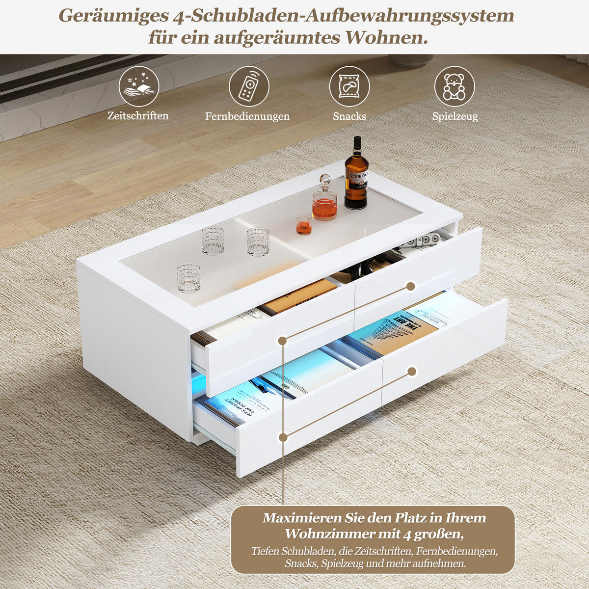 COUCHTISCH in Weiß mit 4 Schubladen und LED-Beleuchtung für Wohnzimmer, B100/T50/H30 cm - Weiß, Glas/Holzwerkstoff (50/100/40cm) - STILVORA