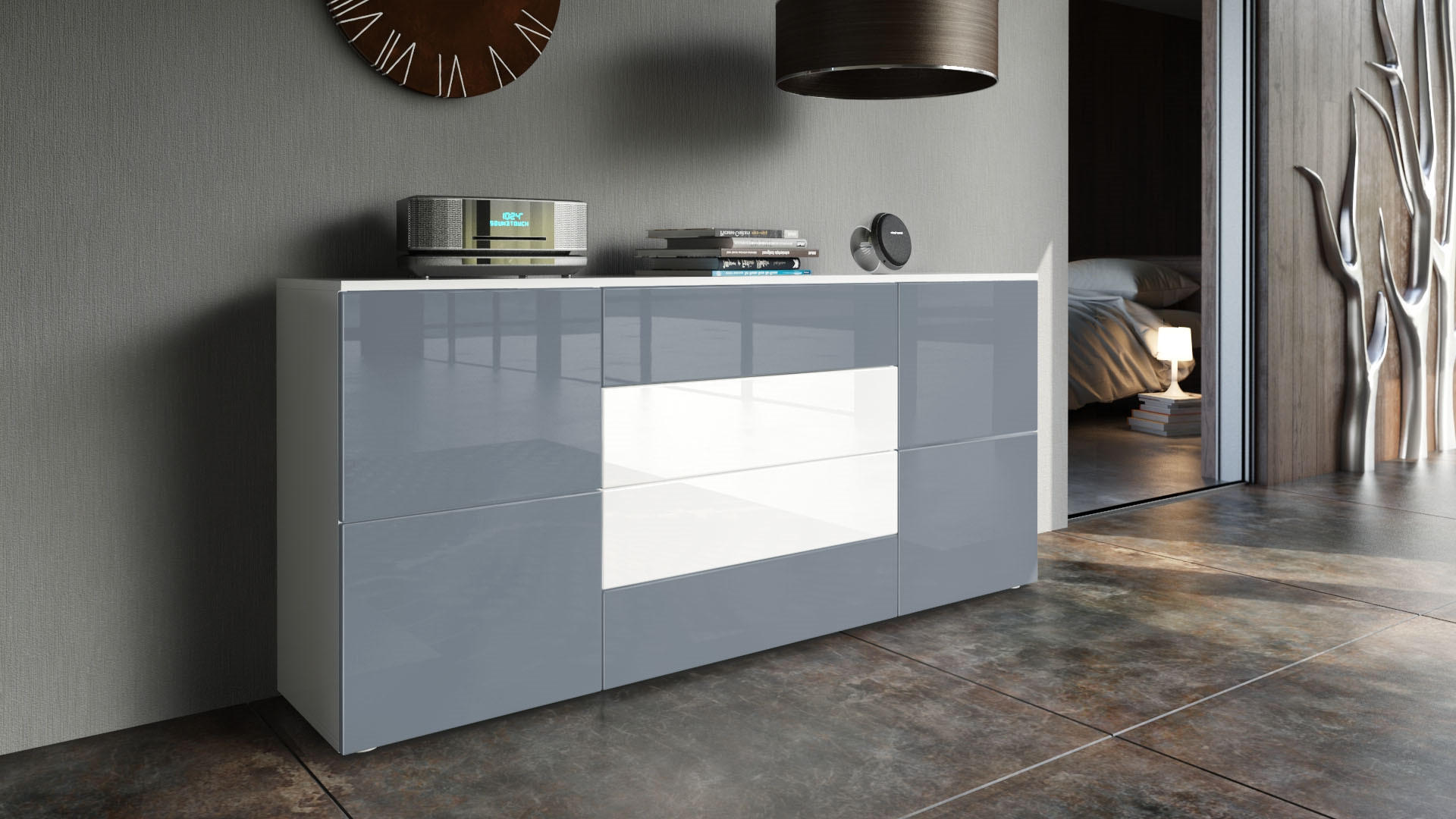 SIDEBOARD Rova Grau Hochglanz / Weiß Hochglanz - Grau, Holzwerkstoff (166/72/35cm) - Vladon