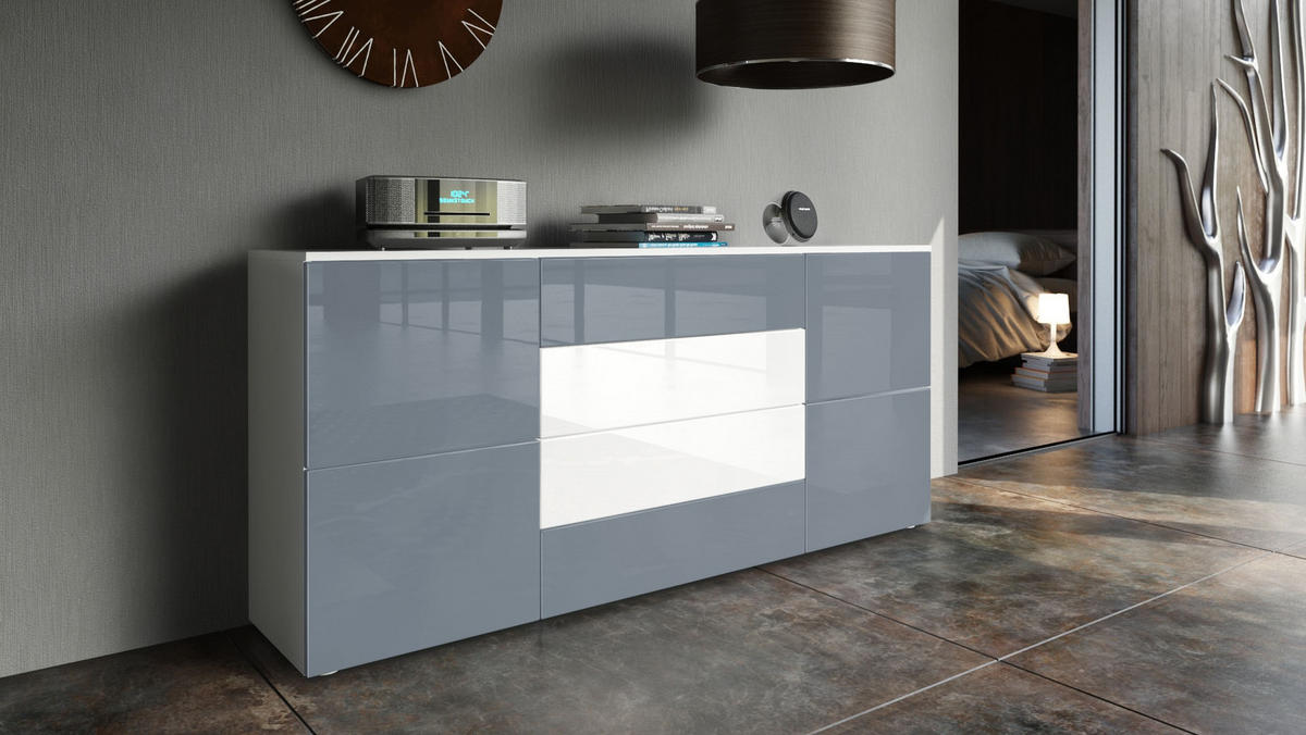 SIDEBOARD Rova Grau Hochglanz / Weiß Hochglanz - Grau, Holzwerkstoff (166/72/35cm) - Vladon