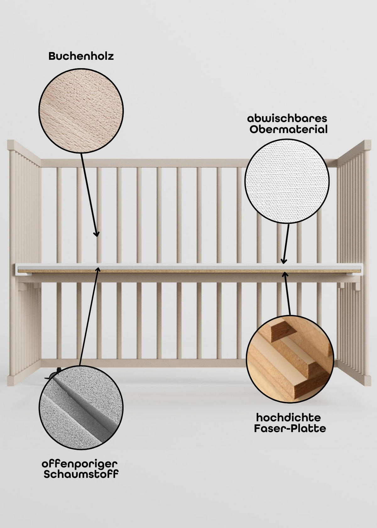 LAUFGITTER XXL 120x120 cm mit Matratze Cloud Air & Schlupfsprossen - sahara dust - Premium Kollektion - Sandfarben, Holz (120/74/120cm) - Sämann – make a difference.