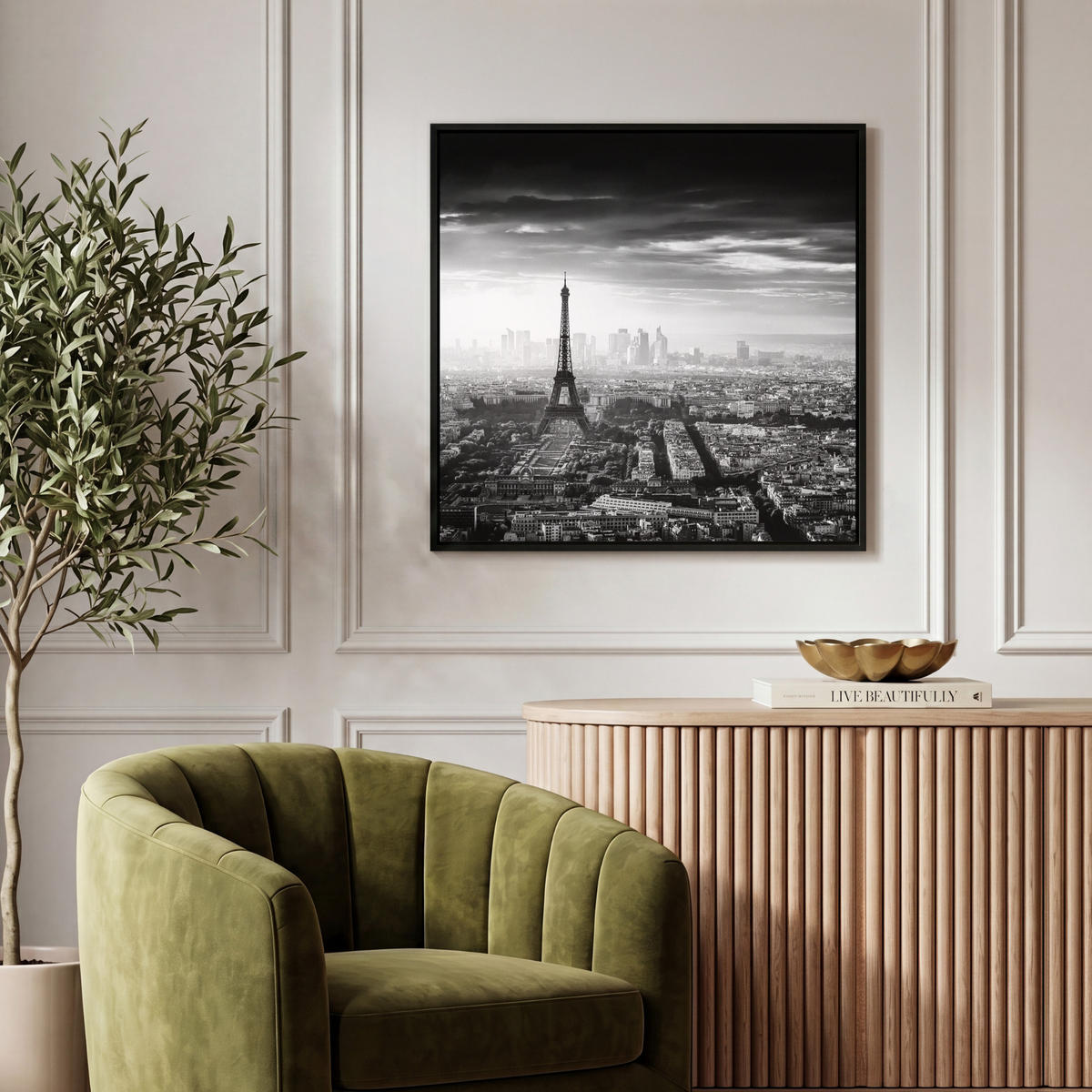 LEINWAND Bilder mit Rahmen - Paris - Skyline - Eiffelturm - Stadt - Wolken - 50x50 - Dunkelgrau, Textil (50/50cm) - MuchoWow