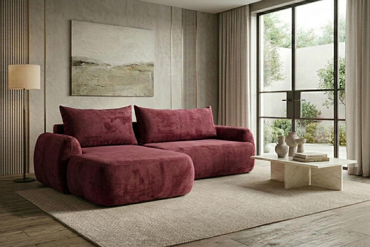 ECKSOFA Mit Schlaffunktion Und Bettkasten, Chenille-Stoff Perfecto, Rotwein, Links, HELA II - Weinrot, Holz (280/184cm) - Kaiser Möbel