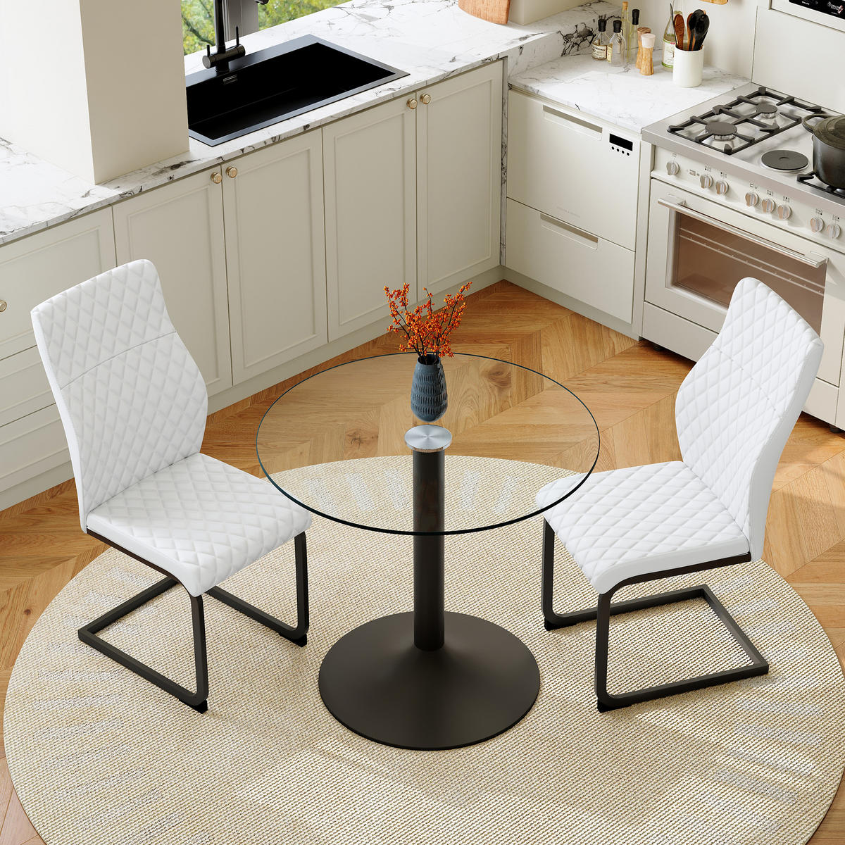 ESSGRUPPE DE-39485 3-teilig, Glastisch und 2 Stühlen mit hoher Rückenlehne Weiß - Weiß, Metall (85/75/85cm) - ComfortXL