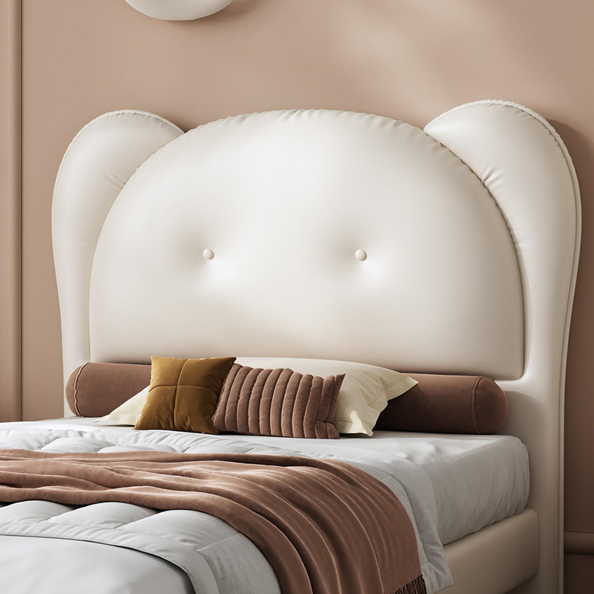 POLSTERBETT 90/200 cm Beige mit niedlichem Kopfteil in Tierform aus PU - Beige, Kunststoff (90/200cm) - OKWISH