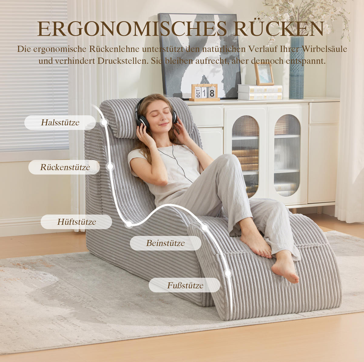 SESSEL ergonomisch 160 x 66 x 90 cm Corduroy Light Gray - Hellgrau, Kunststoff (66/90/160cm) - Beauniv