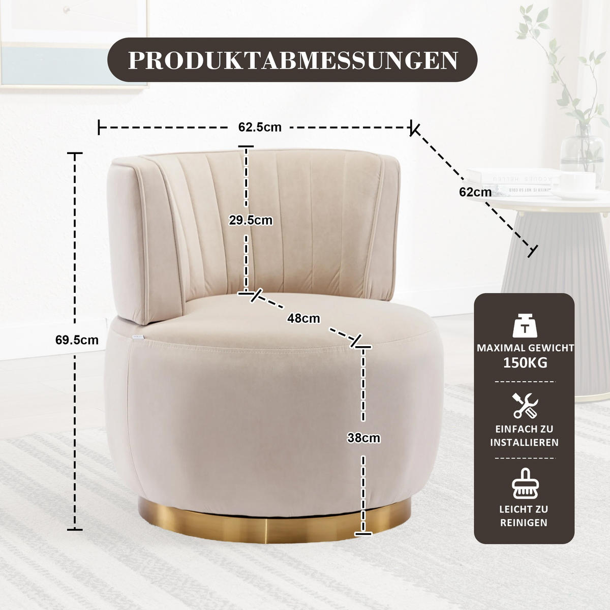 DREHSTUHL 360°Drehsessel,runde Sessel mit breiter Polsterung,Samt,Beige - Beige, Metall (62/69/62cm) - LVHOM