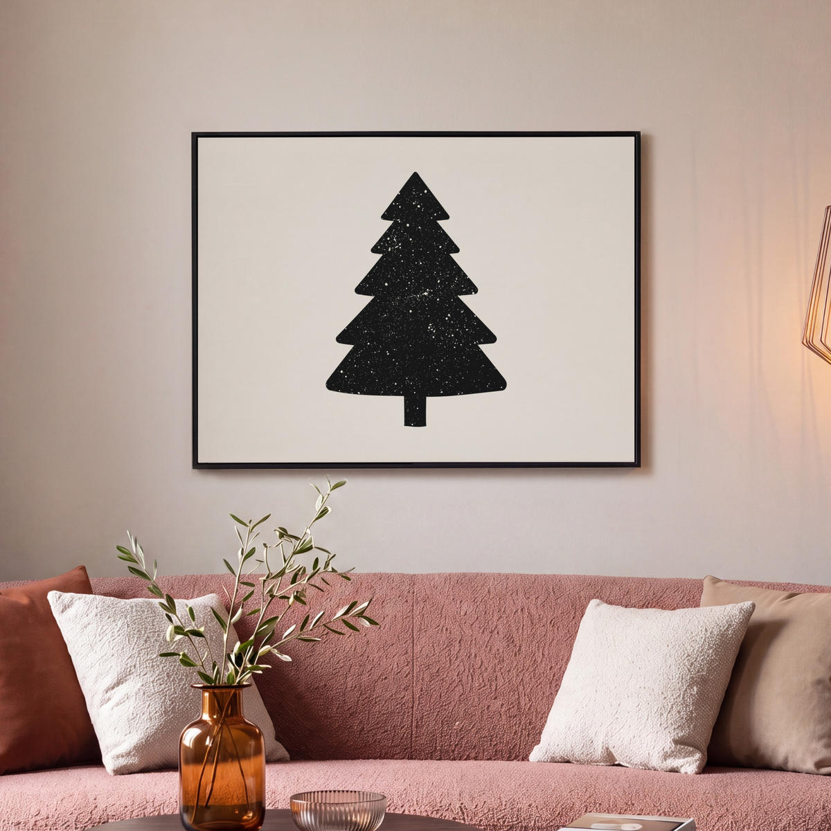 LEINWAND Bilder mit Rahmen - Weihnachtsbaum - Schwarz - Urlaub - Beige - 70x50 - Schwarz, Textil (70/50cm) - MuchoWow