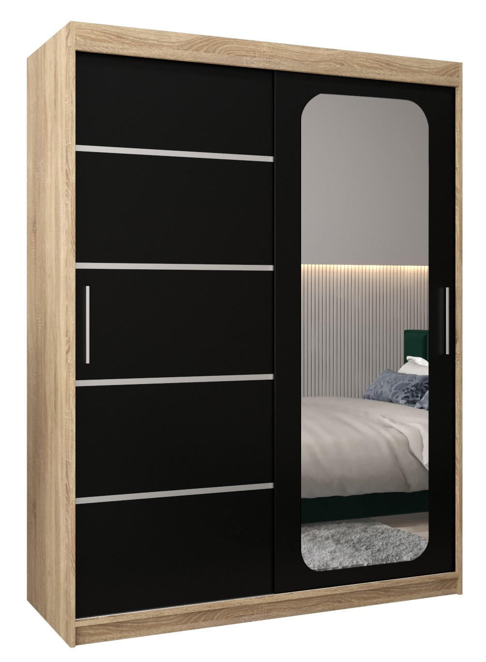 Abiks Möbel Schwebetürenschrank Sonoma Eiche, Schwarz 150x200x62 cm