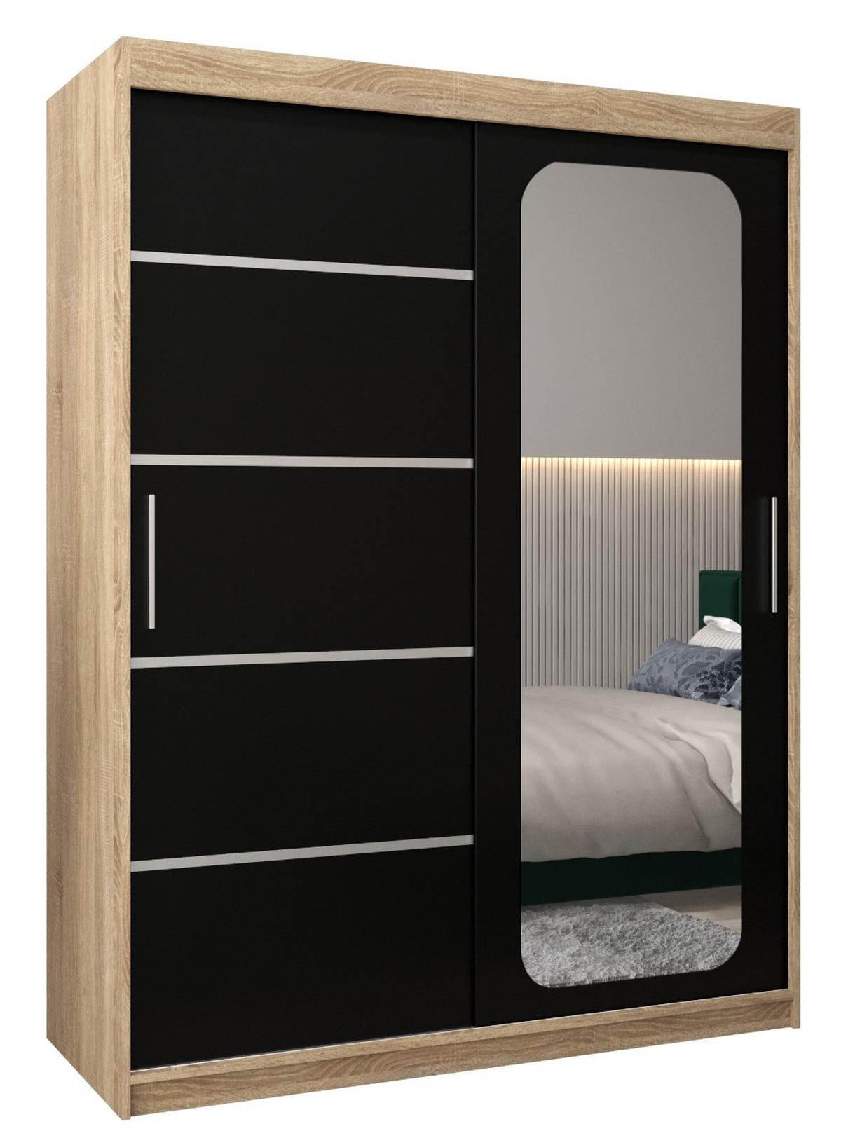 SCHWEBETÜRENSCHRANK 200/150/62 2-türig - Silberfarben/Schwarz, Holz/Kunststoff (150/200/62cm) - Abiks Möbel