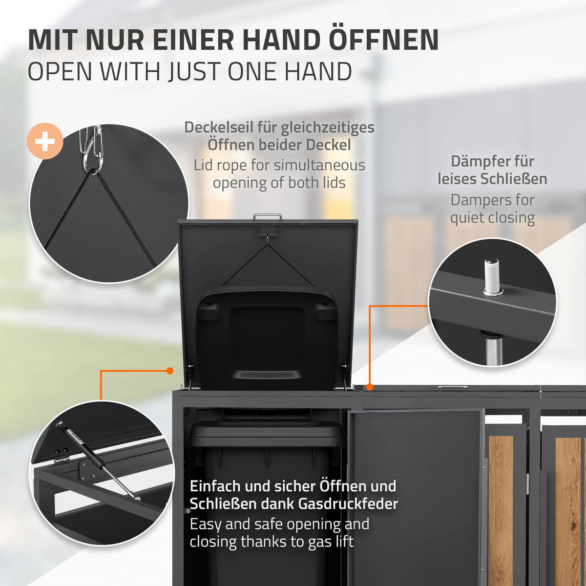 MÜLLTONNENBOX 4er 240L 260x80x120 cm Anthrazit-Eiche hell aus Stahl - Hellbraun, Metall (80/120/260cm) - ML-DESIGN