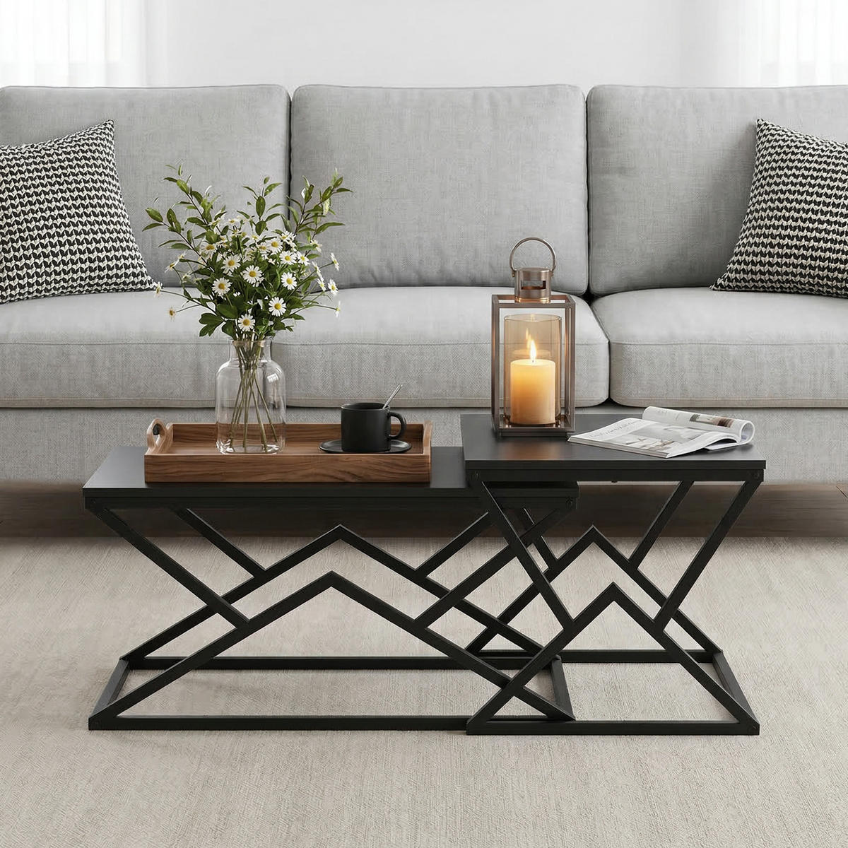 COUCHTISCH DE-37284 80 cm geometrisch mit Holzplatte Schwarz - Schwarz, Metall (80/50/40cm) - ComfortXL