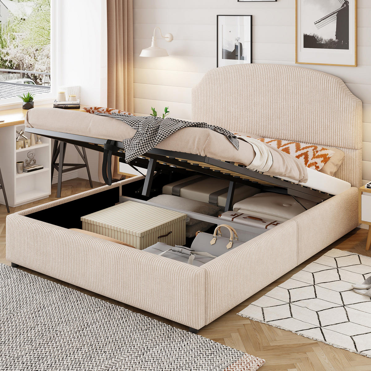 POLSTERBETT aus Plüschstoff 140x200 cm Beige mit hydraulischem Bettkasten und großem Kopfteil - Beige, Textil (140/200cm) - Modfu