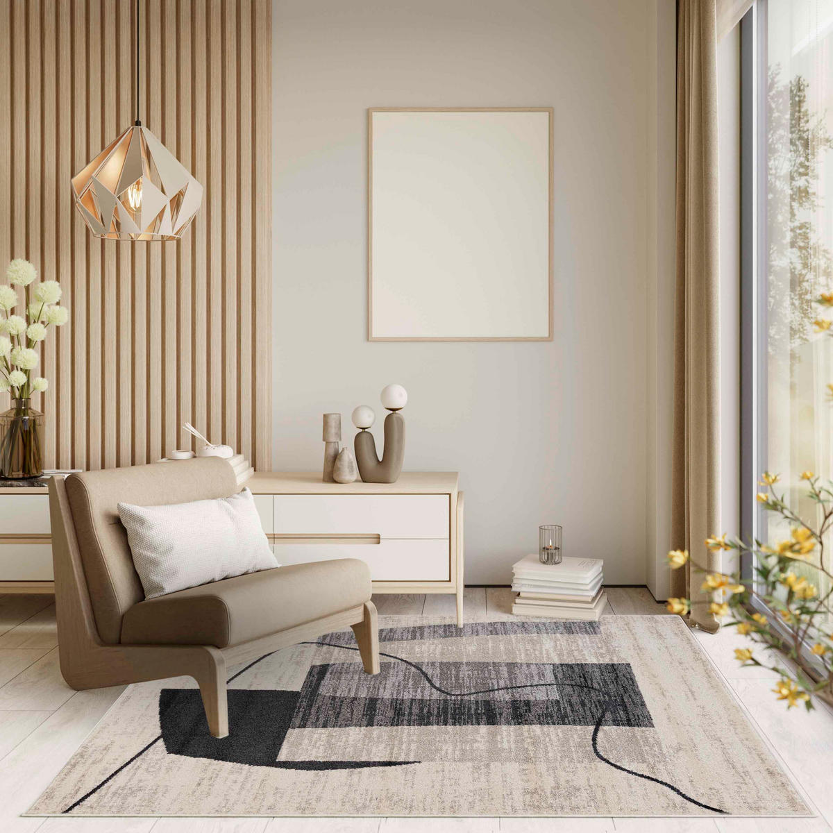TEPPICH Beige Geometrisch In-Outdoor Pflanzlich Kurzflor Rechteckig 160 x 230 cm - Dunkelgrau, Textil (160/230cm) - Mazovia