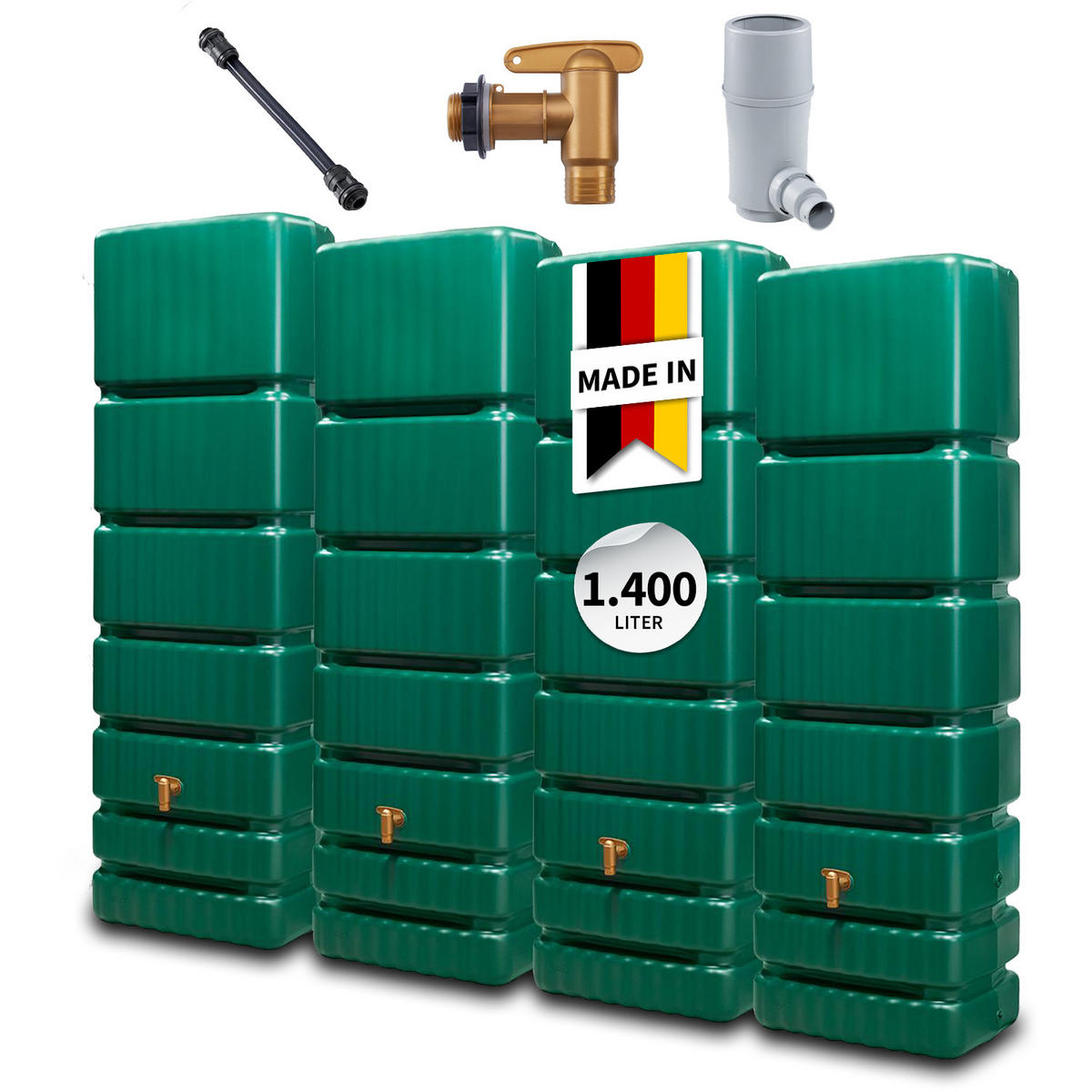 WANDTANK Komplett-Set 1400 L grün 4 x 350 L inkl. Verbindungsset, Kunststoff-Auslaufhahn und Fallrohranschluss - Grün, Kunststoff (270/184/39cm) - 4rain