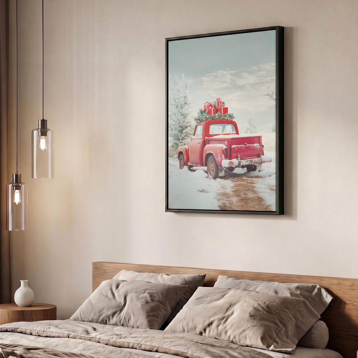 LEINWAND Bilder mit Rahmen - Auto - Rot - Geschenke - Winter - Schnee - Weihnachten - 60x80 - Rot, Textil (60/80cm) - MuchoWow