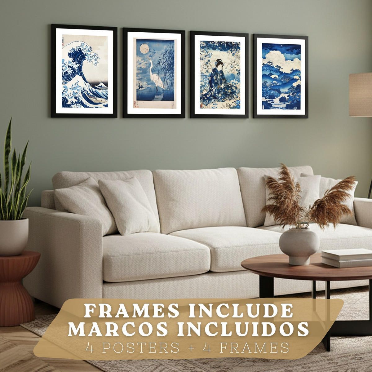 PLAKAT Sada 4 Japan Blue A3 Černý rám - černá, papír (29.7/1/42cm) - Nacnic