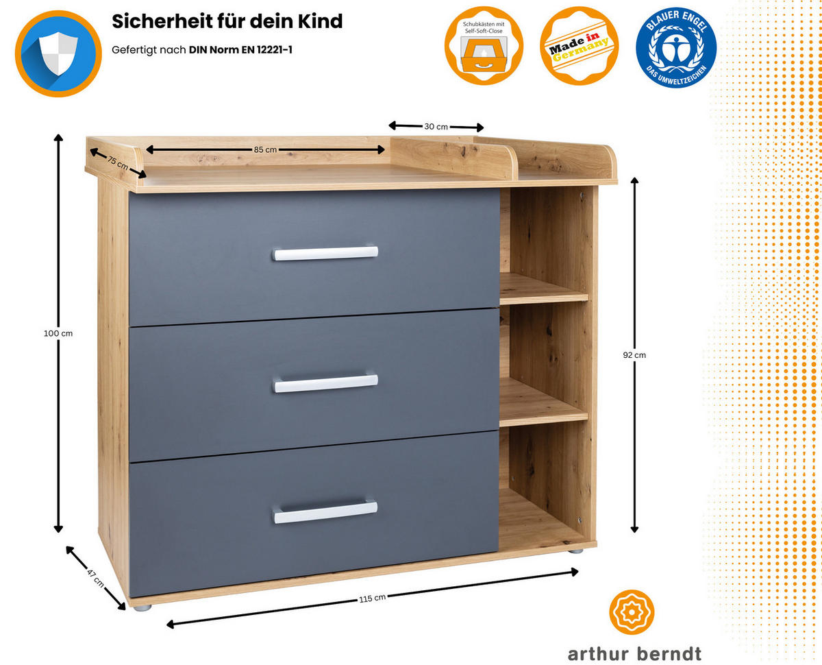 WICKELKOMMODE Alessio 115/100/75 cm Anthrazit Artisan Oak - Anthrazit/Silberfarben, Holzwerkstoff/Kunststoff (115/100/75cm) - arthur berndt