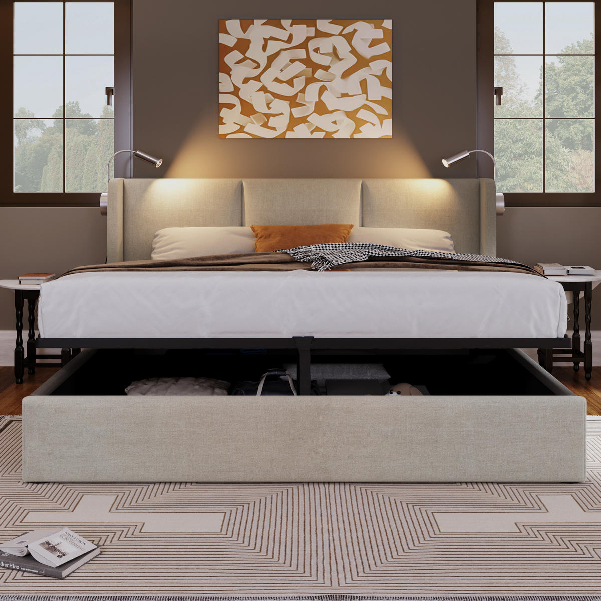 ČALÚNENÁ posteľ z ľanu 160x200 cm béžová s LED lampou, USB nabíjaním a úložným priestorom - béžová, textil (160/200cm) - Modfu