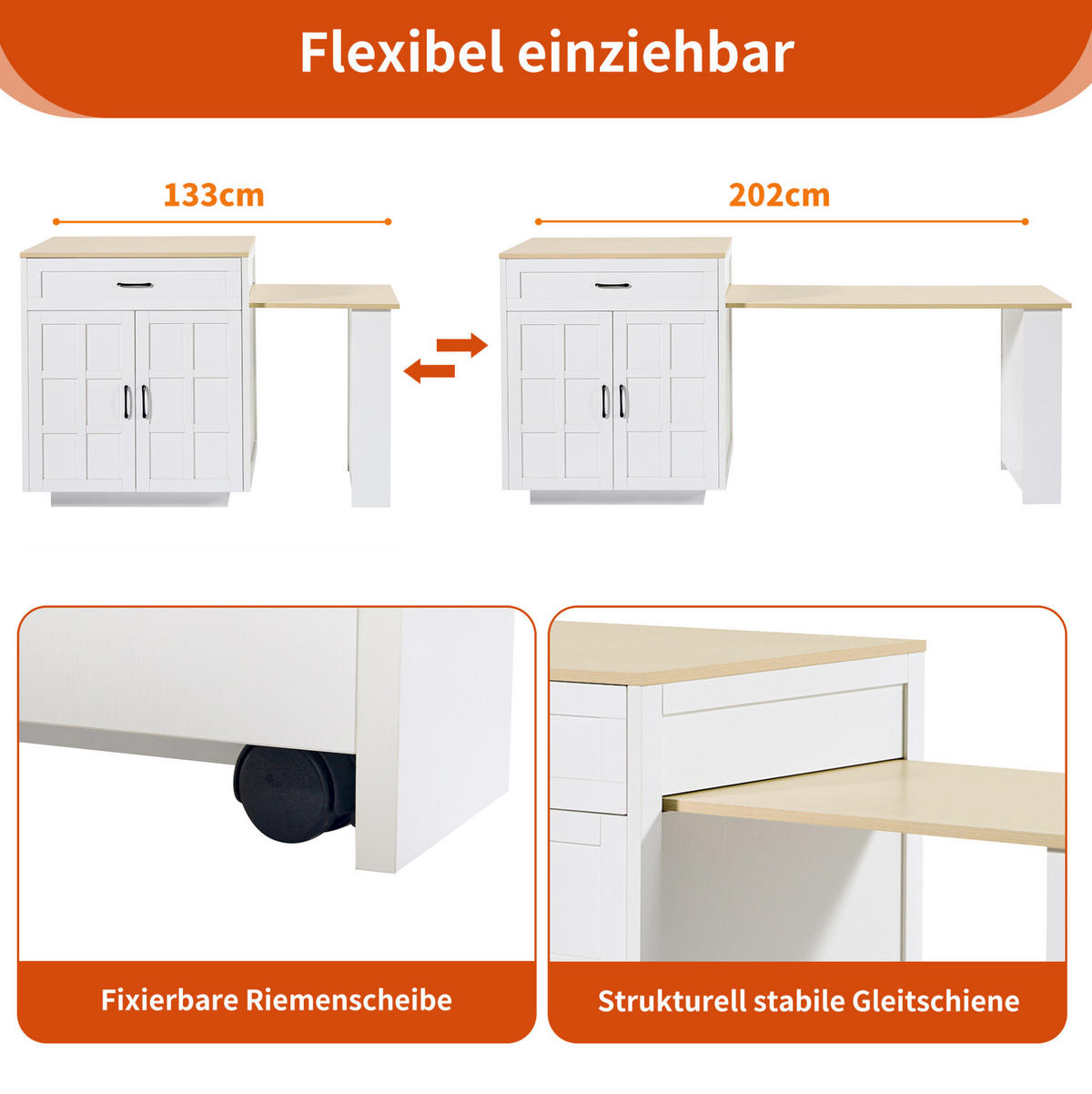 AUSZIEHBARER Bartisch aus MDF mit Stauraum, 133-202/70/93,5 cm, Weiß - Weiß, Holzwerkstoff (70/93.5/133cm) - Redom