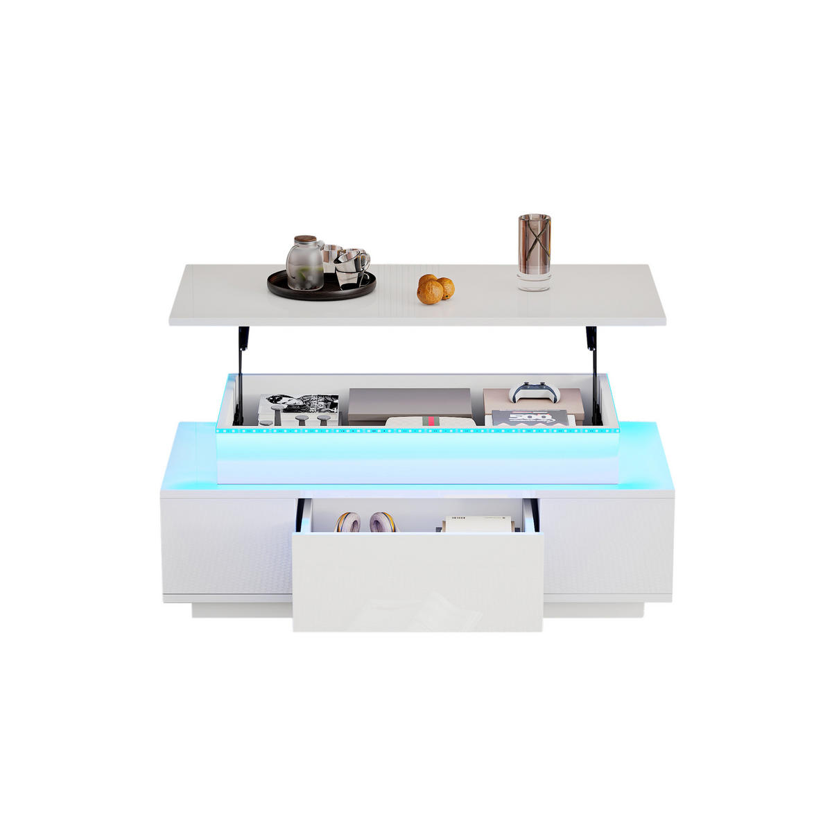 COUCHTISCH 96/45/40 cm Weiß Höhenverstellbar mit Stauraum und LED-Beleuchtung - Weiß, Holzwerkstoff (96/45/40cm) - OKWISH