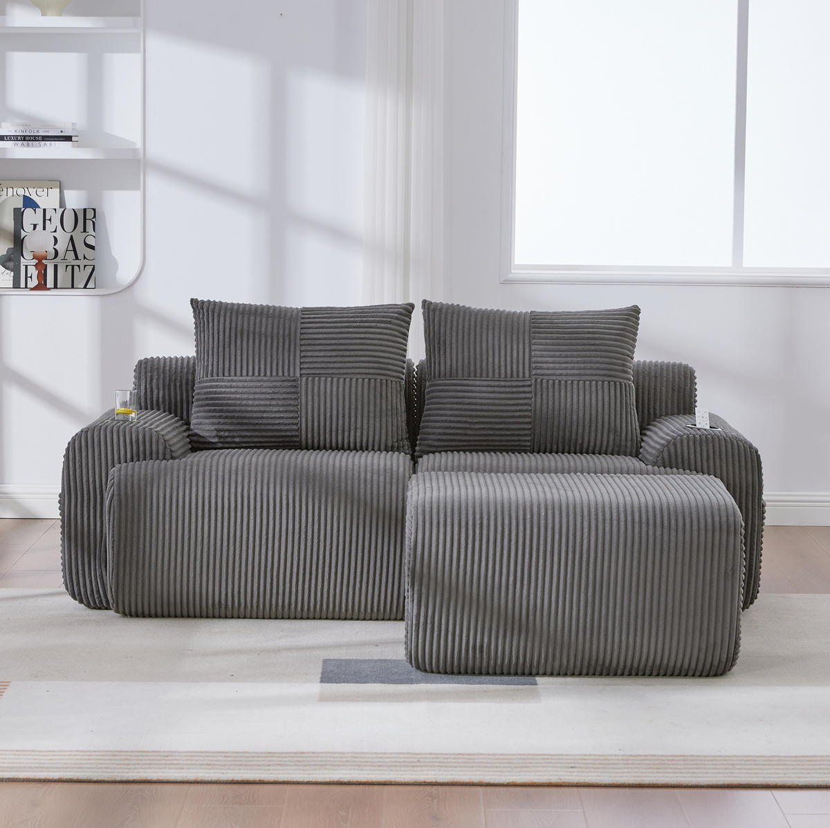 ECKSOFA 200/174/80 cm dunkelgrau aus Cord mit Cupholder und Seitentasche - Dunkelgrau, Textil (174/200cm) - OKWISH
