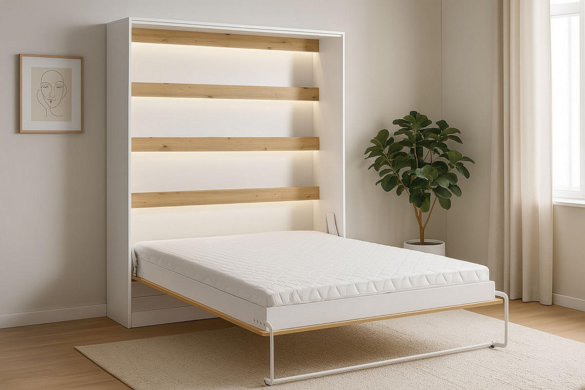 SCHRANKBETT Perfekt 160x200 Ein Horizontales Das Design Und Funktionalität Vereint Mit Matratze Eiche + Weiß - Eichefarben/Weiß, Holz (160/200cm) - Kaiser Möbel