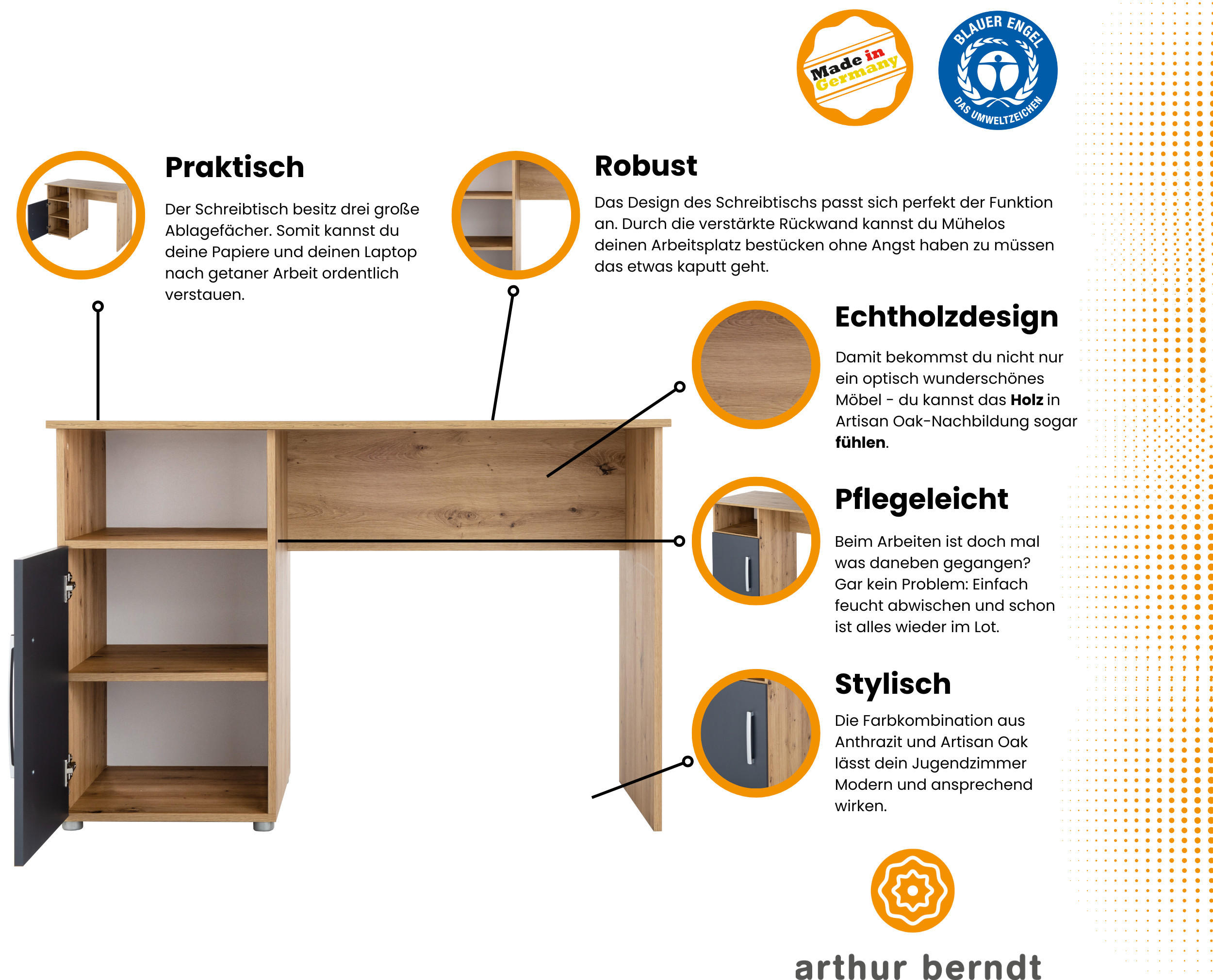 SCHREIBTISCH Alessio 115/77/60 cm mit Drehtür - Anthrazit/Silberfarben, Holzwerkstoff/Kunststoff (115/77/60cm) - arthur berndt