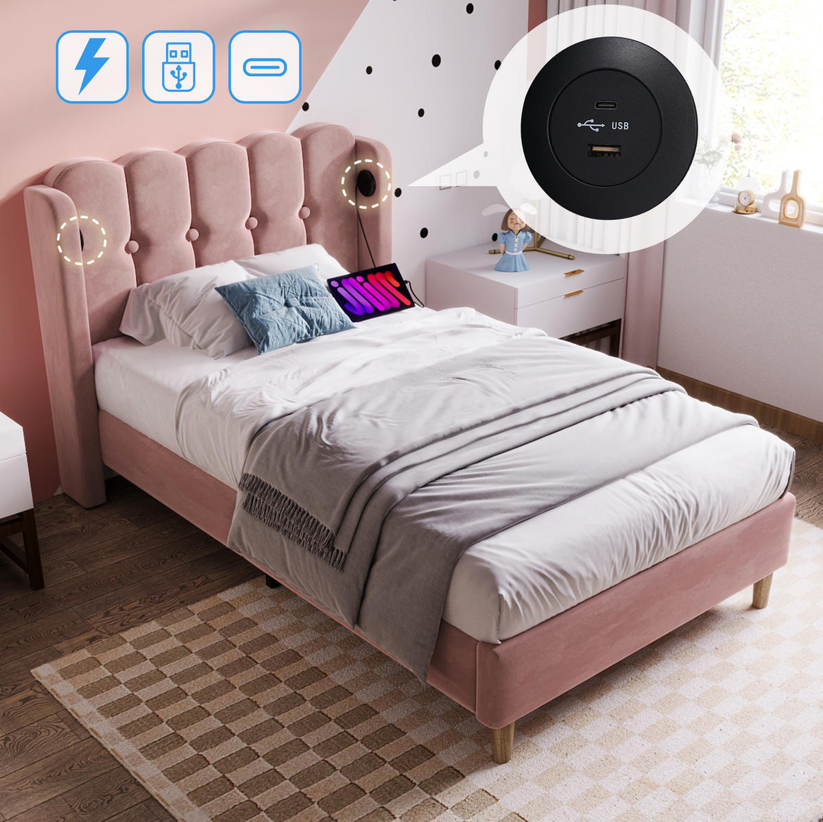 POLSTERBETT 90/200 cm Rosa aus Samt mit USB Typ-C Ladefunktion - Rosa, Textil (90/200cm) - OKMYHOME