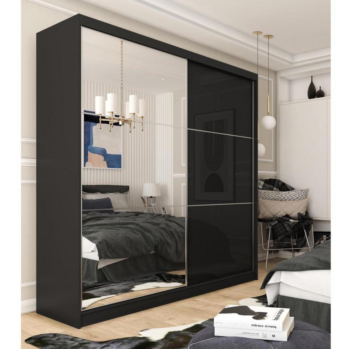 SCHWEBETÜRENSCHRANK Viva 200/216/61 schwarz mit Spiegel und Schubladeneinsätze - Schwarz, Holzwerkstoff (200/216/61cm) - Beautysofa