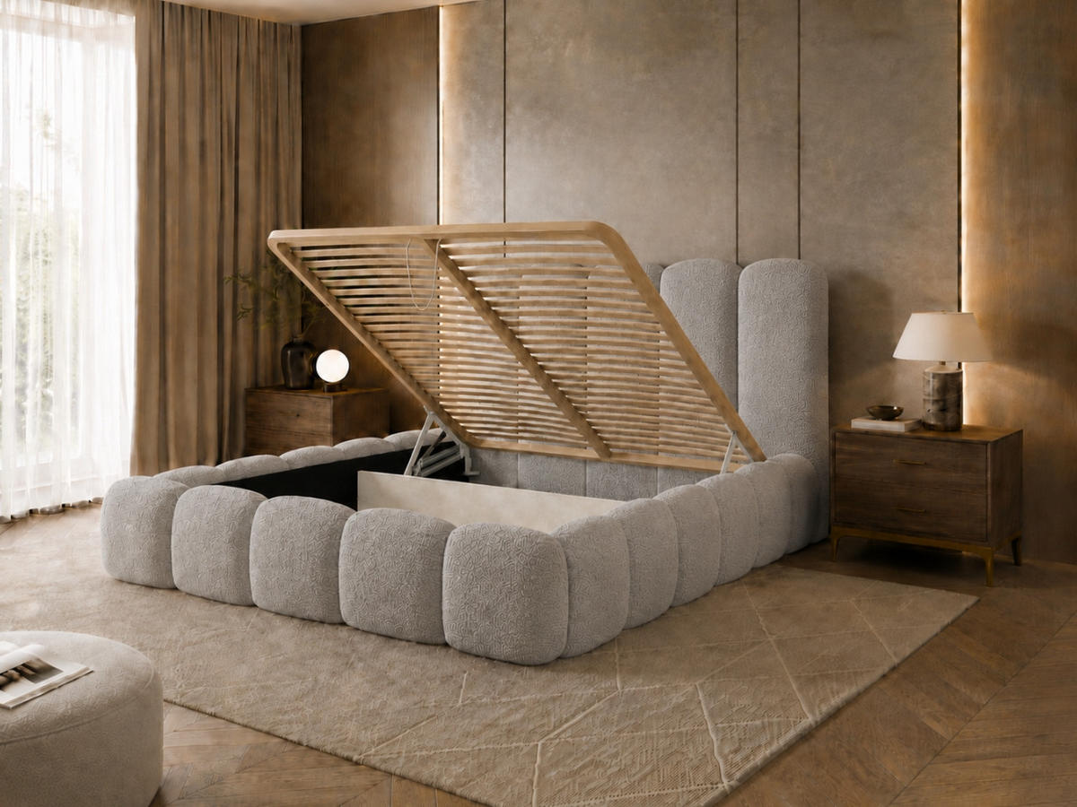 POLSTERBETT TEDDY 200x200 cm in Grau, gepolstertes Kopfteil, Lattenrost, Bettkasten, Bouclé-Stoff - Grau, Holz/Textil (200/200cm) - EMLAR Home