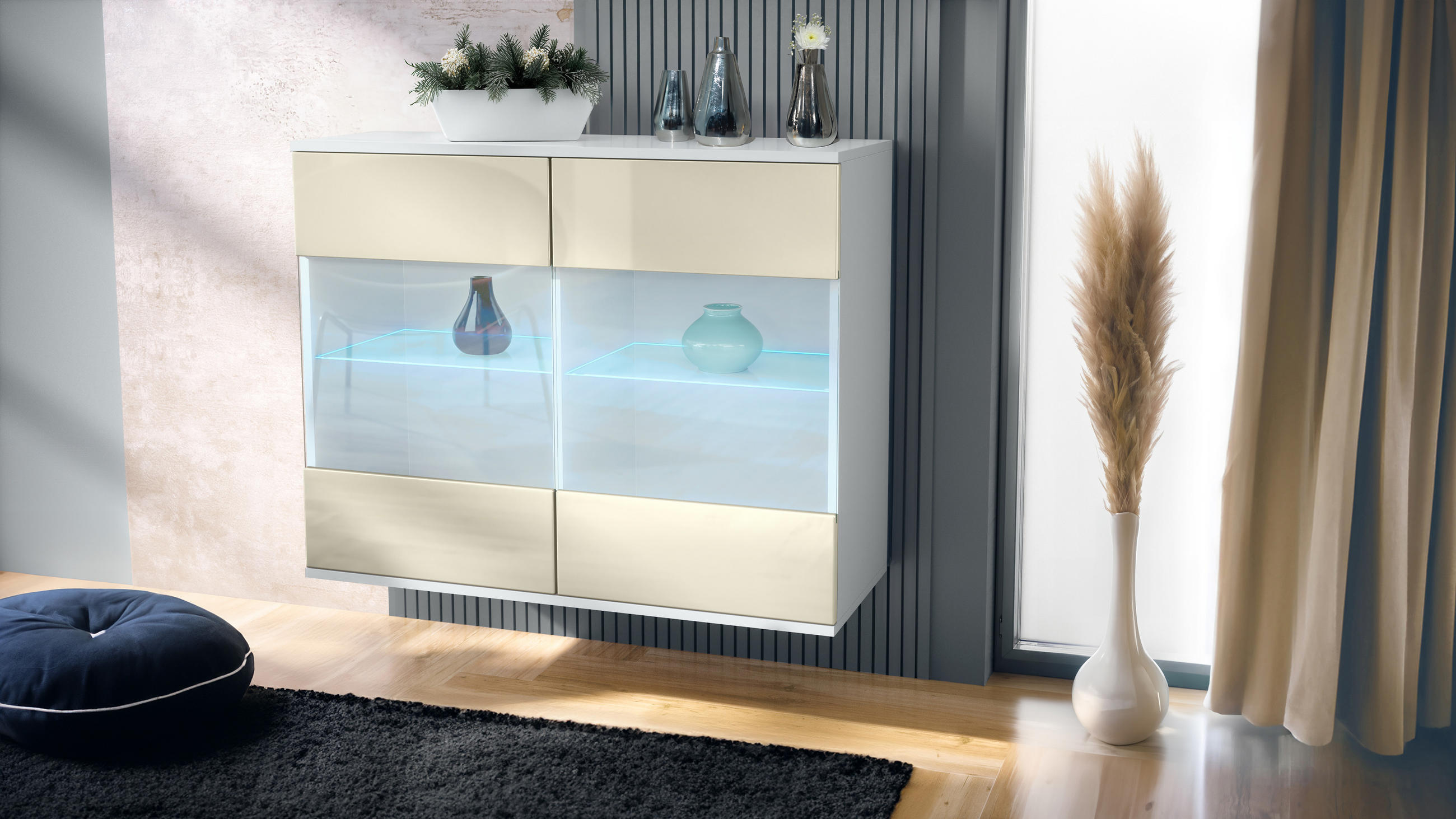 KOMMODE Bari Creme Hochglanz - Creme, Holzwerkstoff (92.5/73.5/35cm) - Vladon