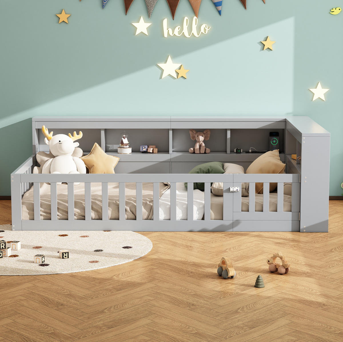 POLSTERBETT 90/200 cm Grau mit Stauraum, Lattenrost, Steckdose und USB - Grau, Holzwerkstoff (90/200cm) - Flora Grace