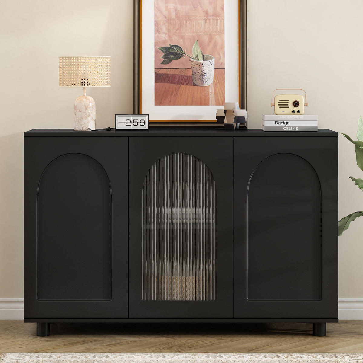 SIDEBOARD in Schwarz mit 3 Türen & Glaseinsatz – griffloses Design - Schwarz, Holzwerkstoff (120/78.5/40cm) - BEAOK