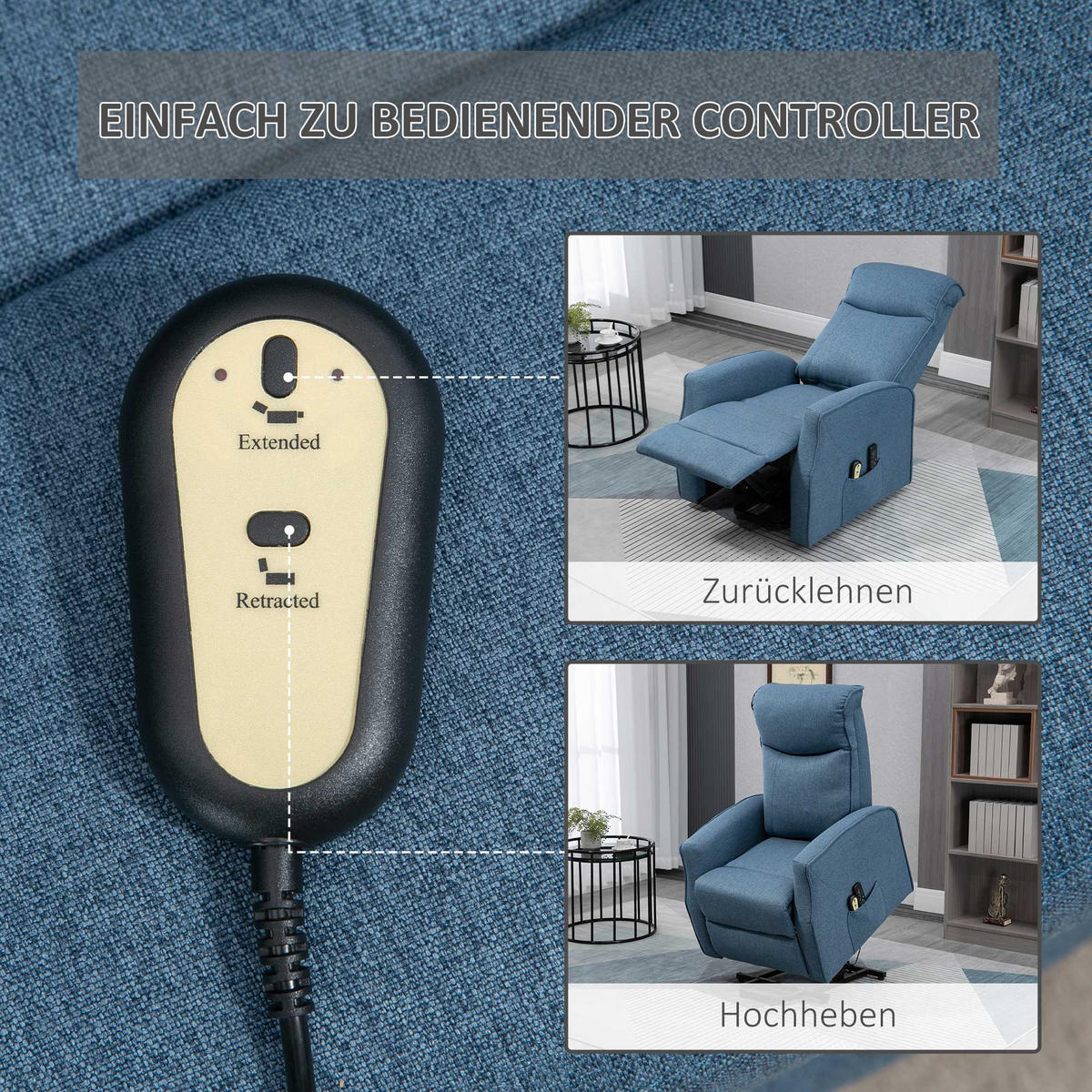 MASSAGESESSEL mit Aufstehhilfe, Leinen, Blau - Blau, Kunststoff (87.5/110/74.5cm) - HOMCOM