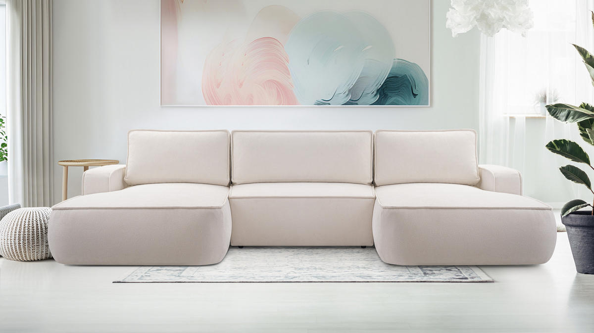 WOHNLANDSCHAFT Ablia Creme 364/168/87 cm mit Schlaffunktion - Creme/Schwarz, Kunststoff/Textil (364/87/168cm) - AX Living