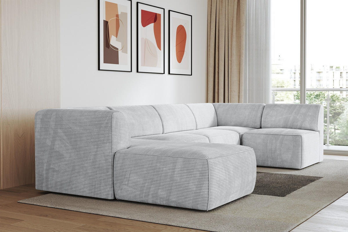 WOHNLANDSCHAFT Ottomane Links MOVA 345x180x78 Grau Cord - Schwarz/Alufarben, Holzwerkstoff/Kunststoff (180/78/345cm) - ALTDECOR