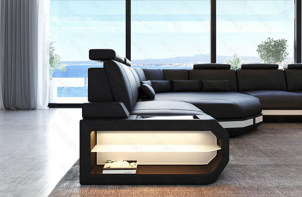 WOHNLANDSCHAFT Asti U Mini - Schwarz/Weiß, Leder (352/93/280cm) - Sofa Dreams