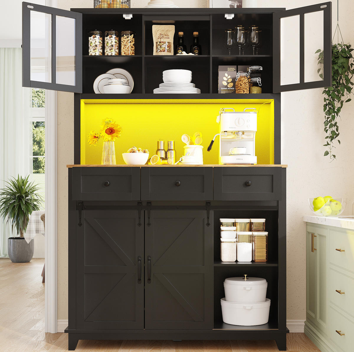 BUFFET 105/38,4/180 cm schwarz aus MDF mit LED-Beleuchtung - Schwarz, Holzwerkstoff (105/180/38.4cm) - OKWISH
